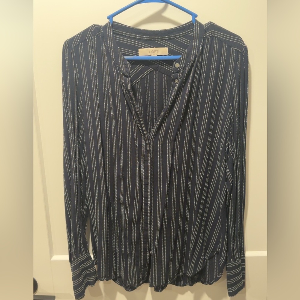 LOFT Navy and White Striped Blouse
